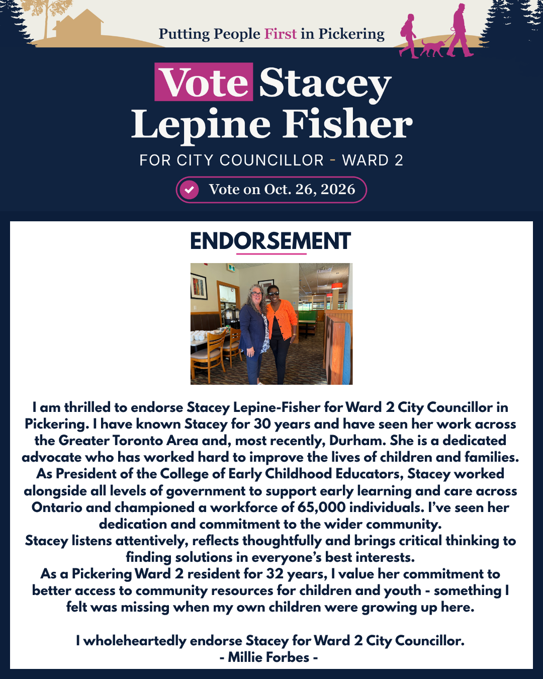 Millie Forbes endorses Stacey Lepine-Fisher for Pickering Ward 2.