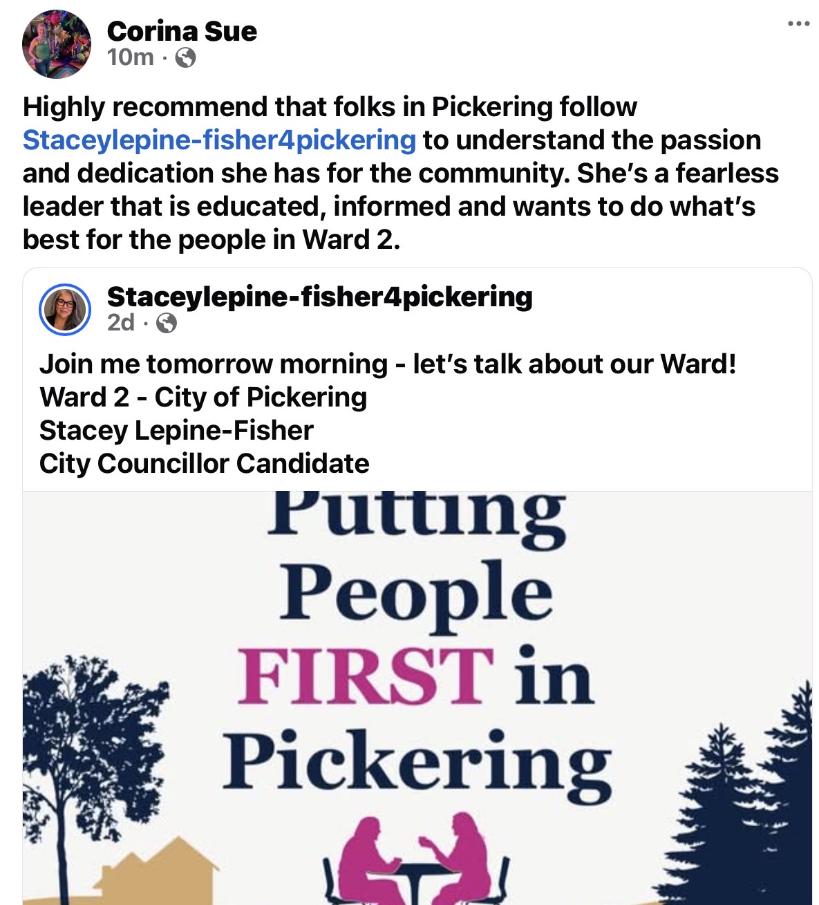 Corina Sue recommends Stacey Lepine-Fisher for Pickering Ward 2.